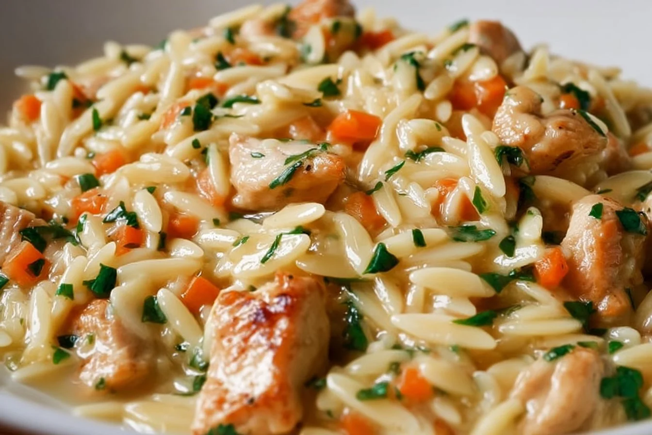 Creamy Chicken Pot Pie Orzo topped with golden crust and fresh herbs
