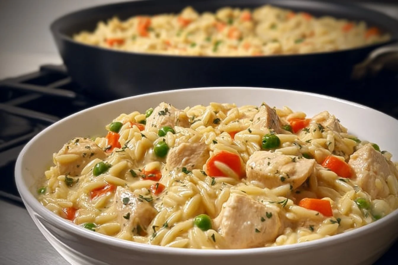 Creamy chicken pot pie with orzo in a golden crust, garnished with herbs.
