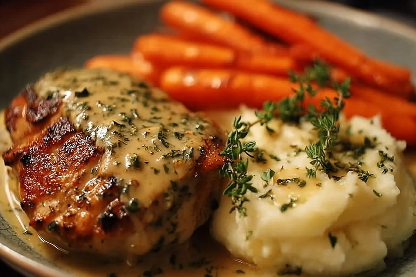 Creamy herb chicken served with vegetables on a white plate