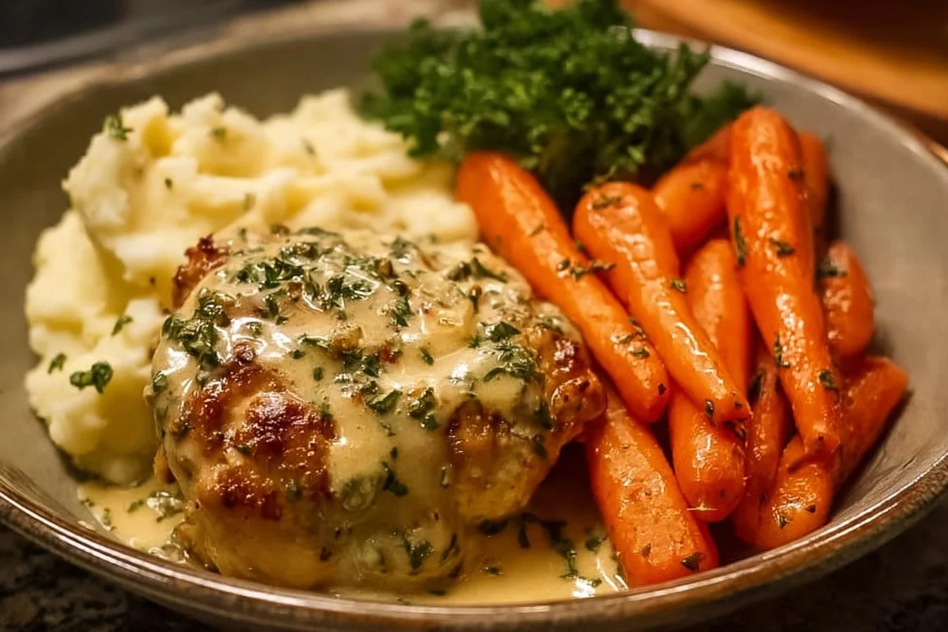 Creamy Herb Chicken with Mashed Potatoes and Honey Glazed Carrots