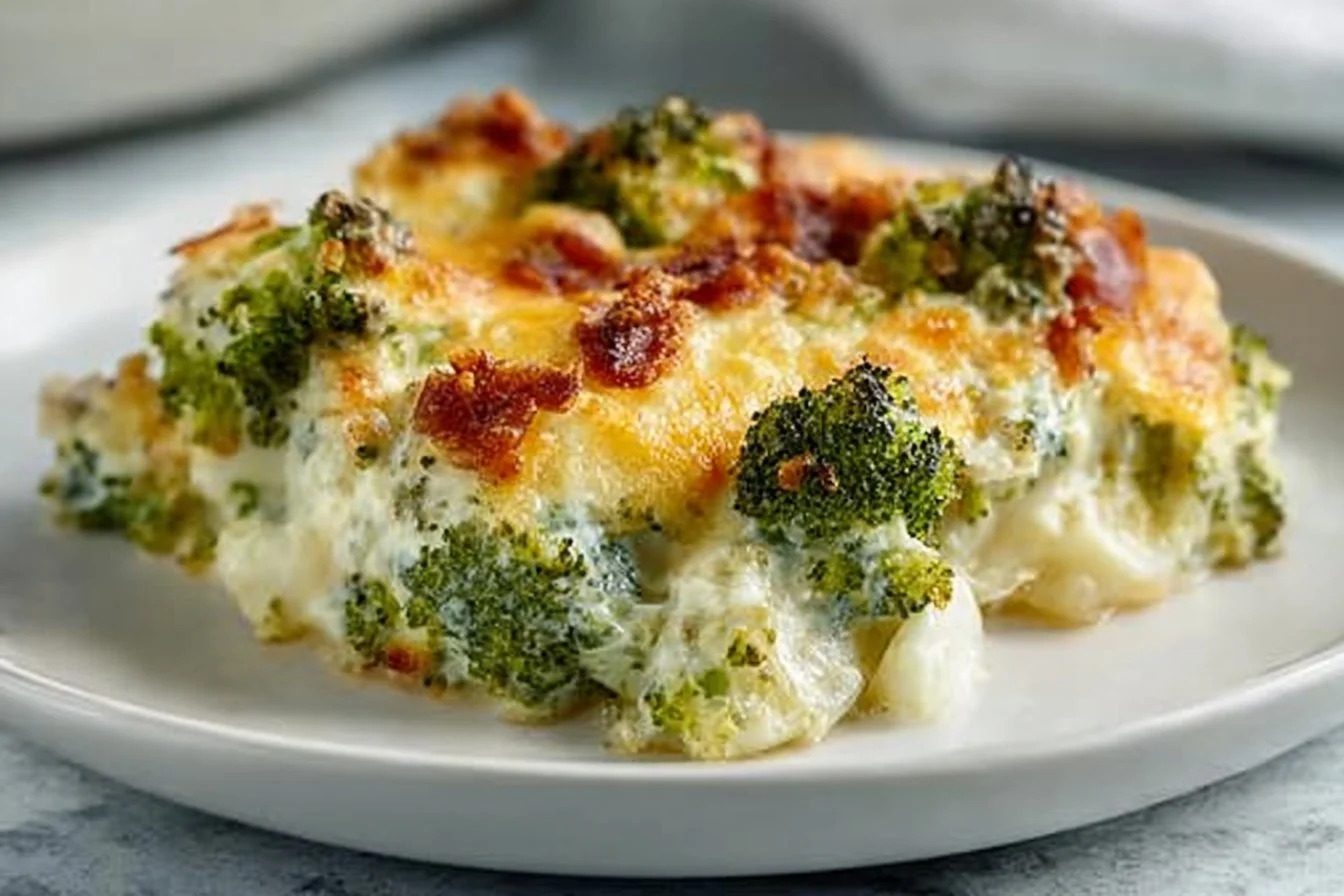 Creamy low carb chicken casserole topped with cheese and herbs in a baking dish
