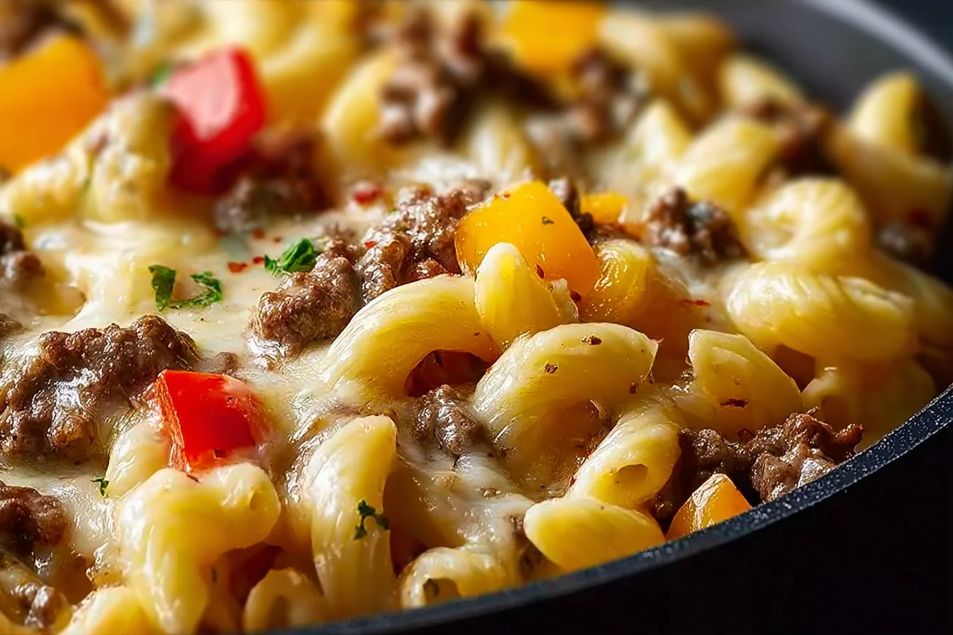 Creamy Philly Cheesesteak Mac & Cheese topped with melted cheese and herbs
