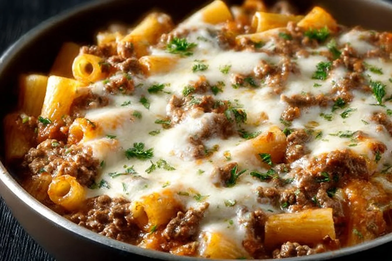 Creamy Rotel pasta prepared with ground beef in a delicious sauce