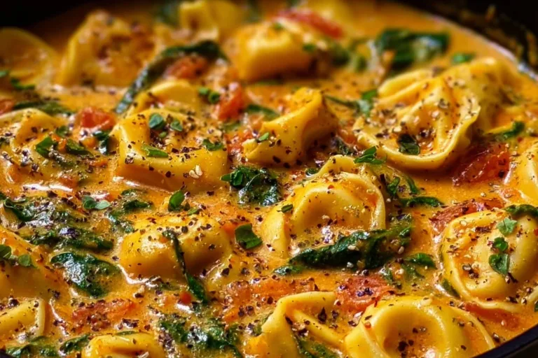Creamy spinach tomato tortellini served in a bowl with fresh herbs on top