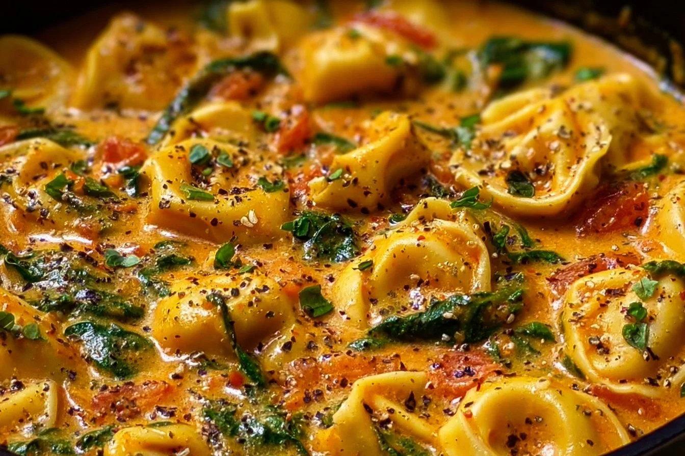 Creamy spinach tomato tortellini served in a bowl with fresh herbs on top