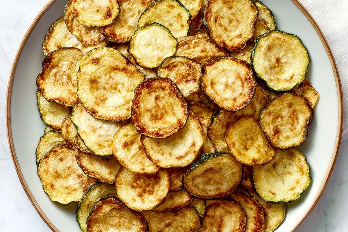 Crispy baked zucchini chips served on a plate