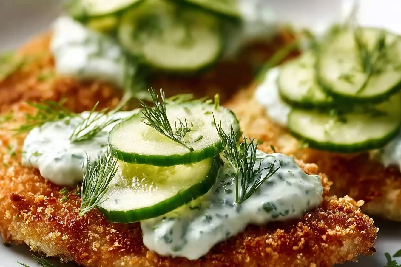 Crispy Dill Pickle Parmesan Chicken on a plate garnished with fresh herbs