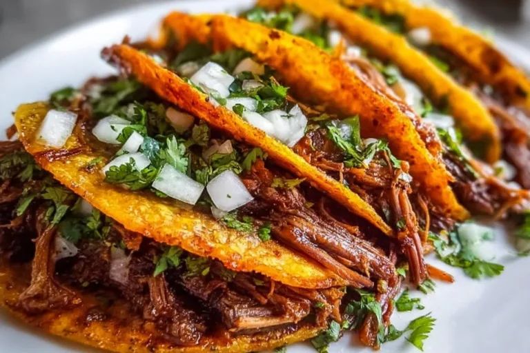 Delicious Crock Pot Birria Tacos served with broth and toppings