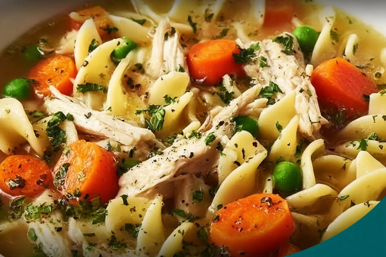 Delicious Crock Pot Chicken Noodle Soup in a bowl with fresh herbs and vegetables