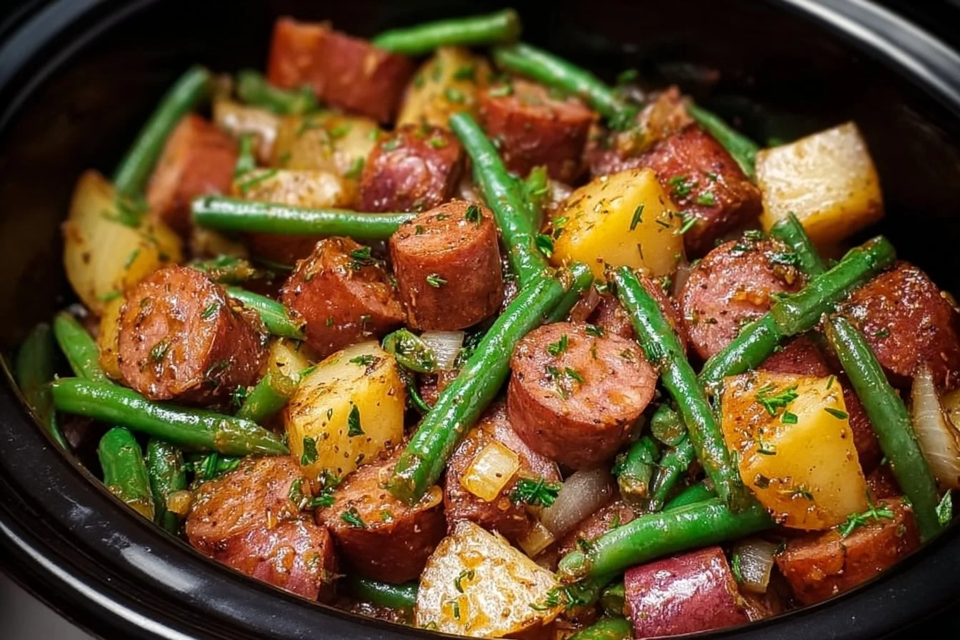 Crockpot Kielbasa with green beans served in a bowl, showcasing the meal's deliciousness.