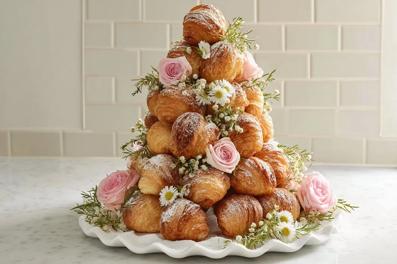 A beautifully arranged croissant tower for a festive event or gathering.