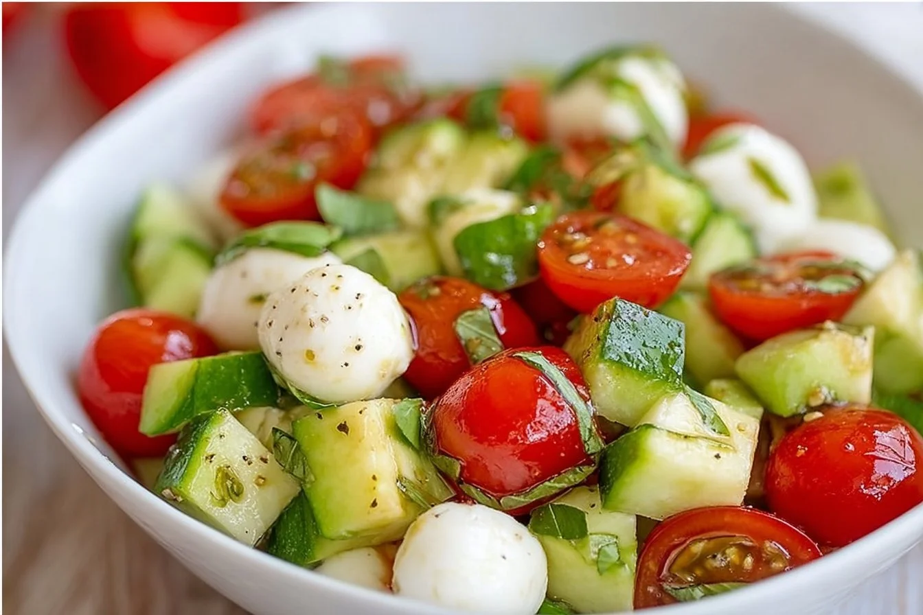 Fresh Cucumber Mozzarella Salad with herbs and drizzled dressing