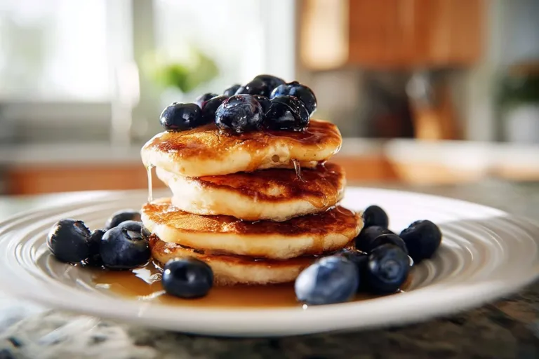 Plate of lemon blueberry pancakes topped with blueberries and lemon zest