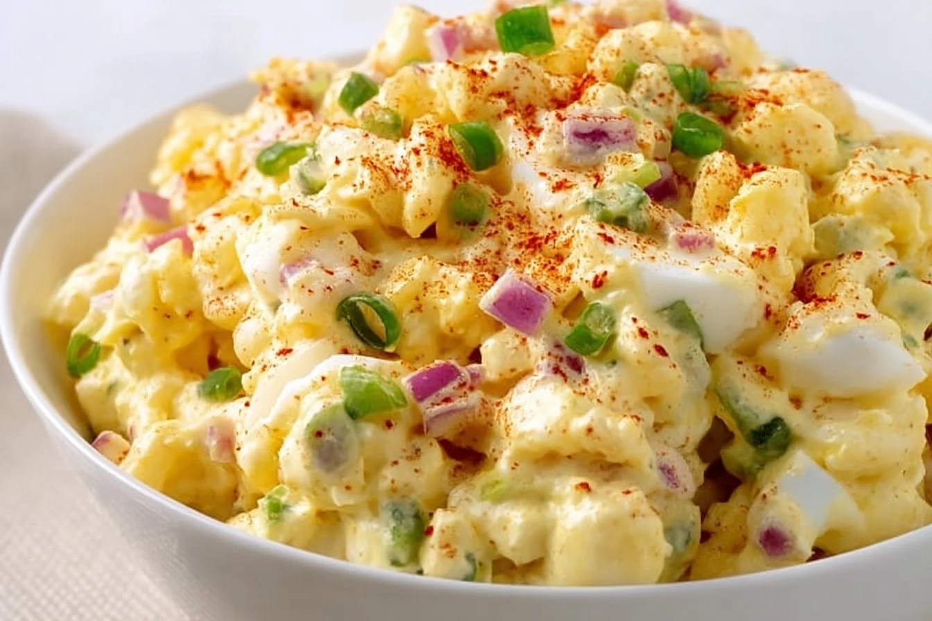 Bowl of deviled egg pasta salad with herbs and spices