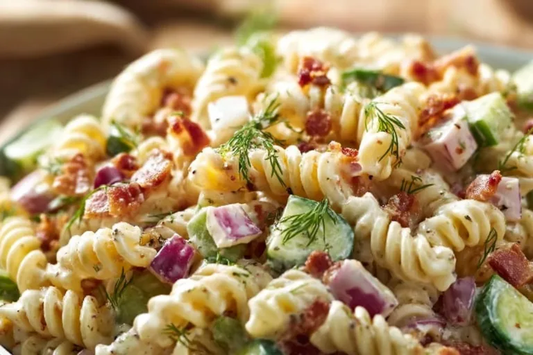 Delicious Dill Pickle Bacon Pasta Salad with creamy dressing and crispy bacon.