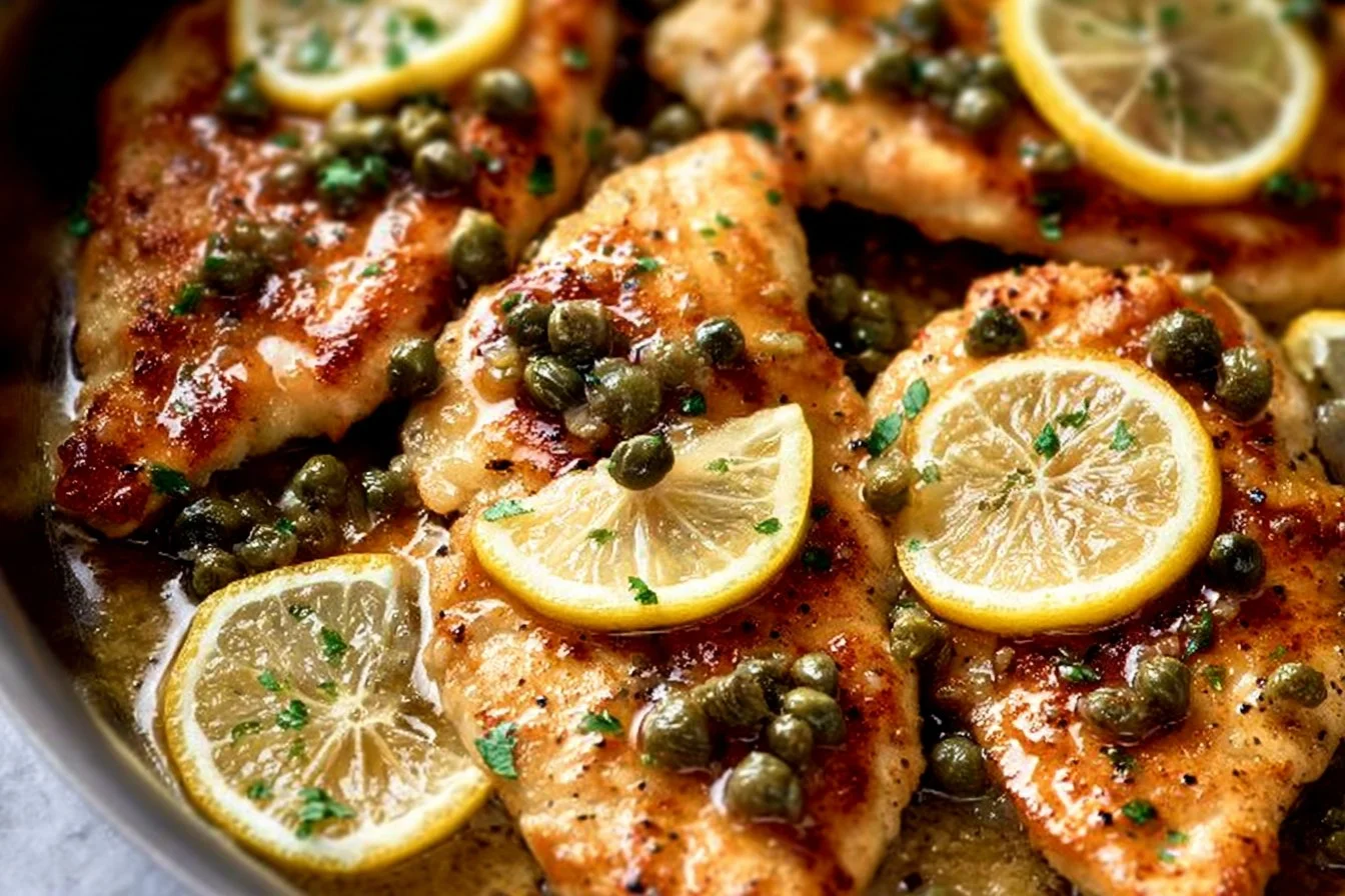 Delicious 20-minute chicken piccata served with lemon and capers.