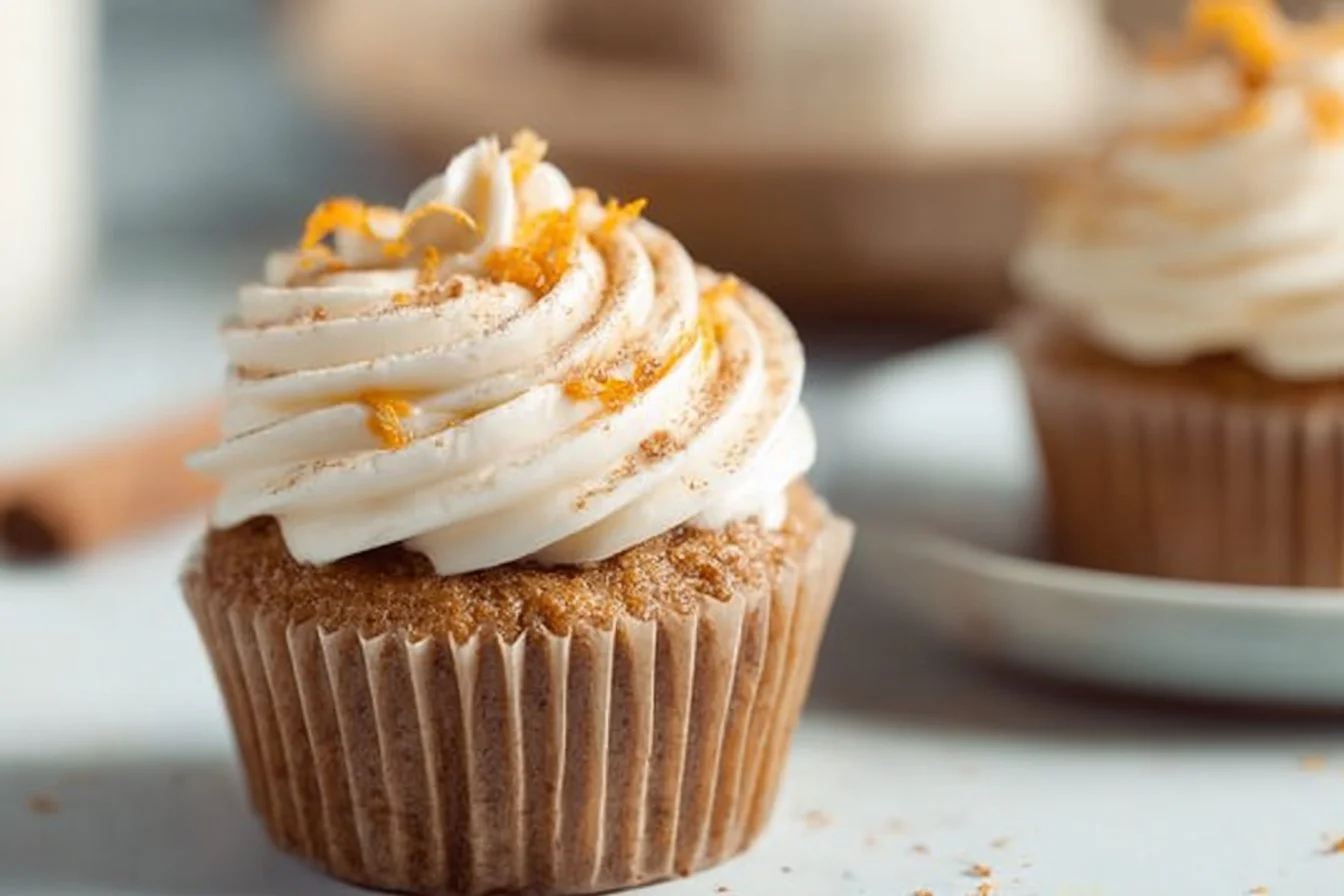 Delicious easy carrot cake cupcakes topped with cream cheese frosting.
