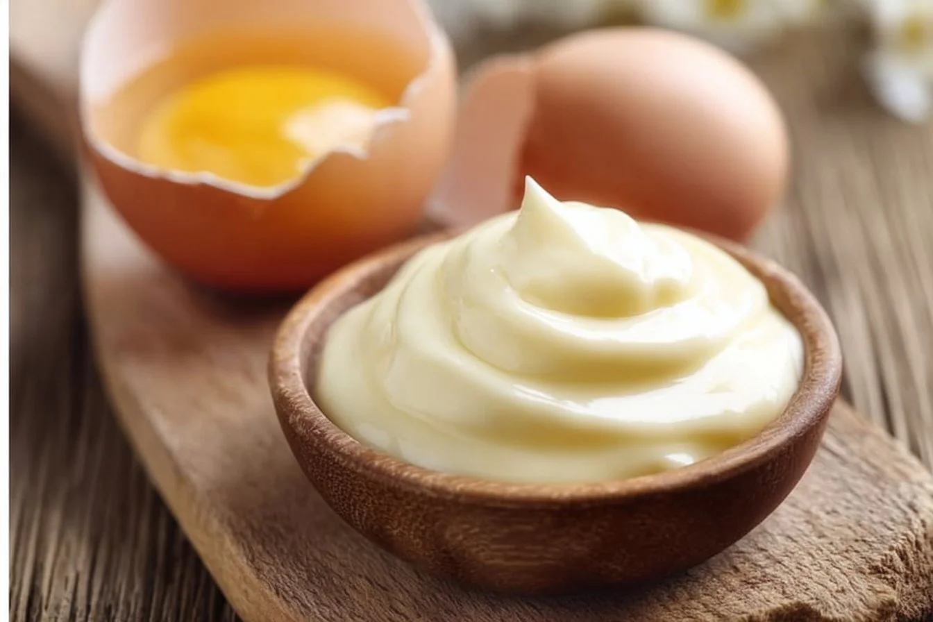 Bowl of homemade healthy mayonnaise recipe with fresh ingredients.