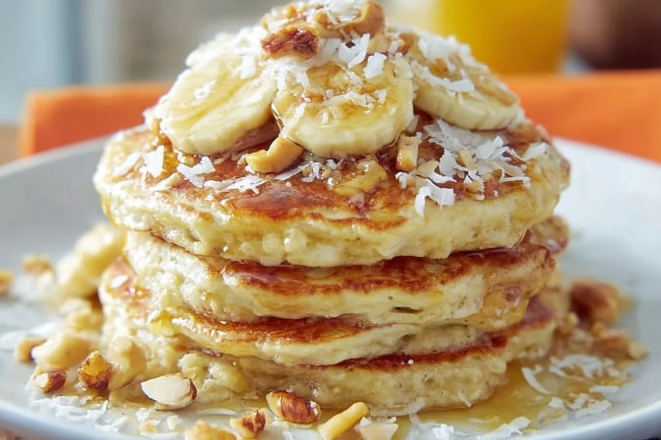 Delicious fluffy coconut pancakes stacked on a plate with syrup and coconut flakes.