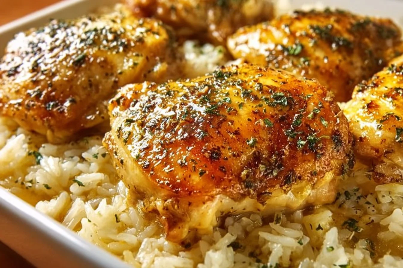A plate of Forgotten Chicken and Rice, featuring succulent chicken pieces on a bed of fluffy rice.