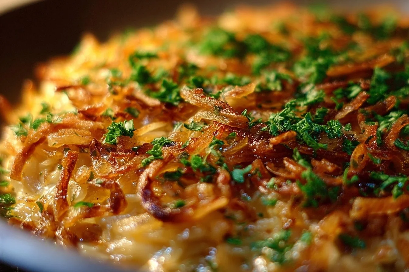 French onion chicken orzo casserole dish ready to serve