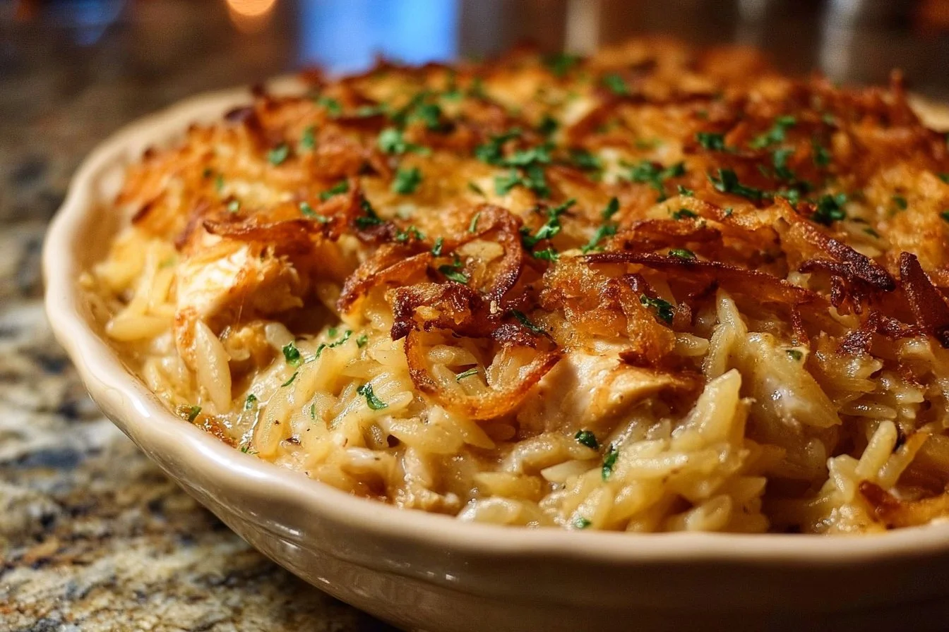 French Onion Chicken Orzo Casserole