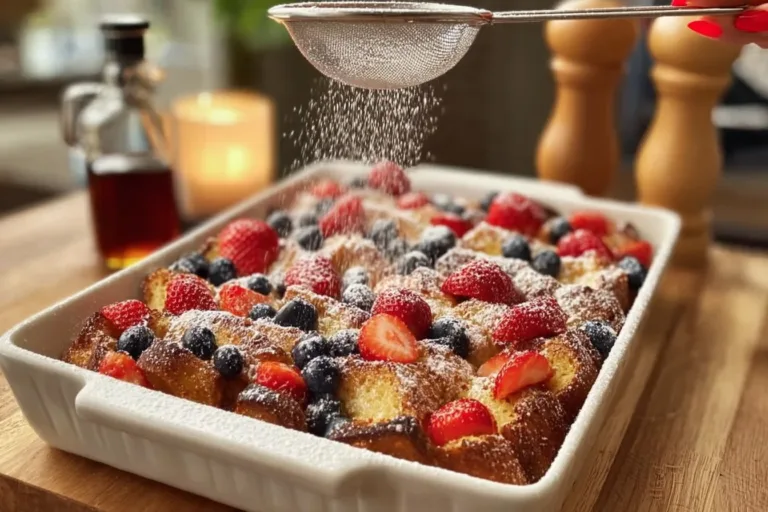 Deliciously baked French Toast Casserole topped with syrup and berries.