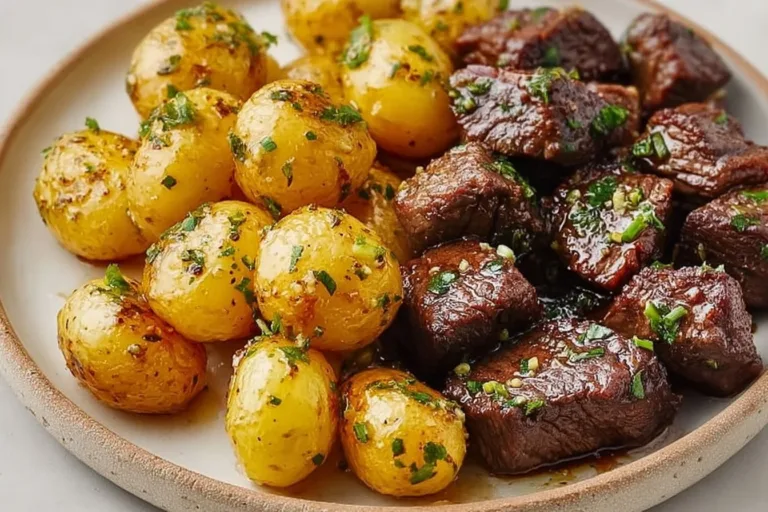 Garlic Butter Steak Bites served with roasted potatoes