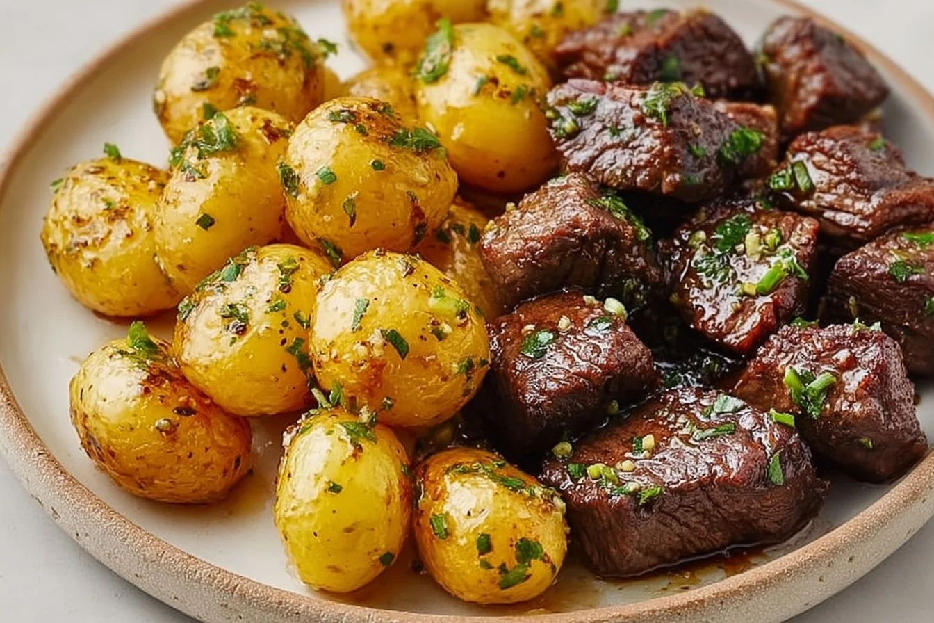 Garlic Butter Steak Bites served with roasted potatoes