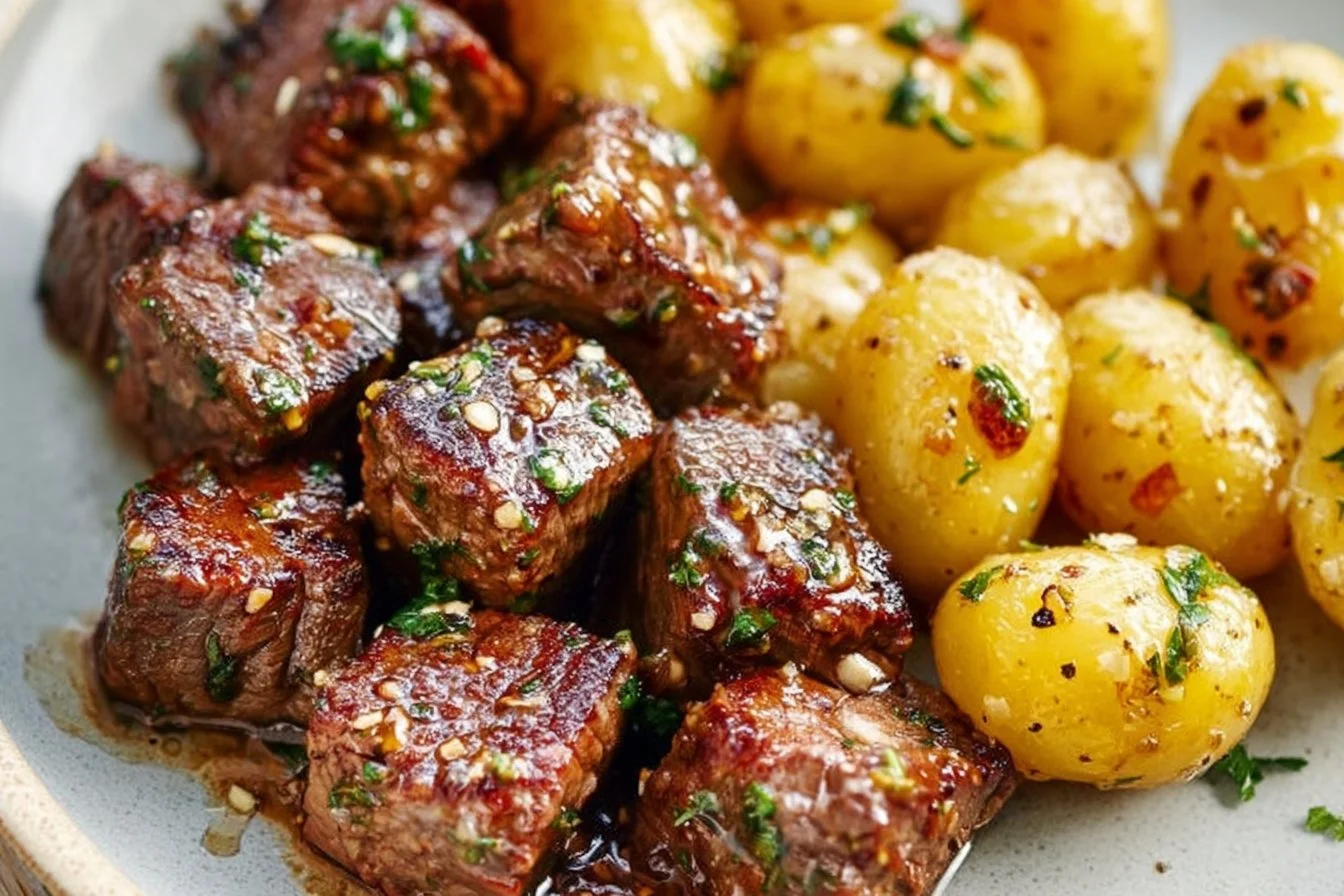 Plate of garlic steak bites and crispy potatoes garnished with herbs