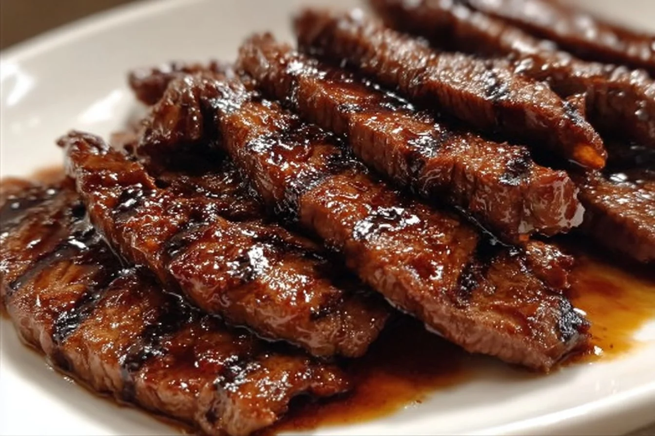 Grill Pan Honey Glazed Steak Strips served on a plate with garnishes.
