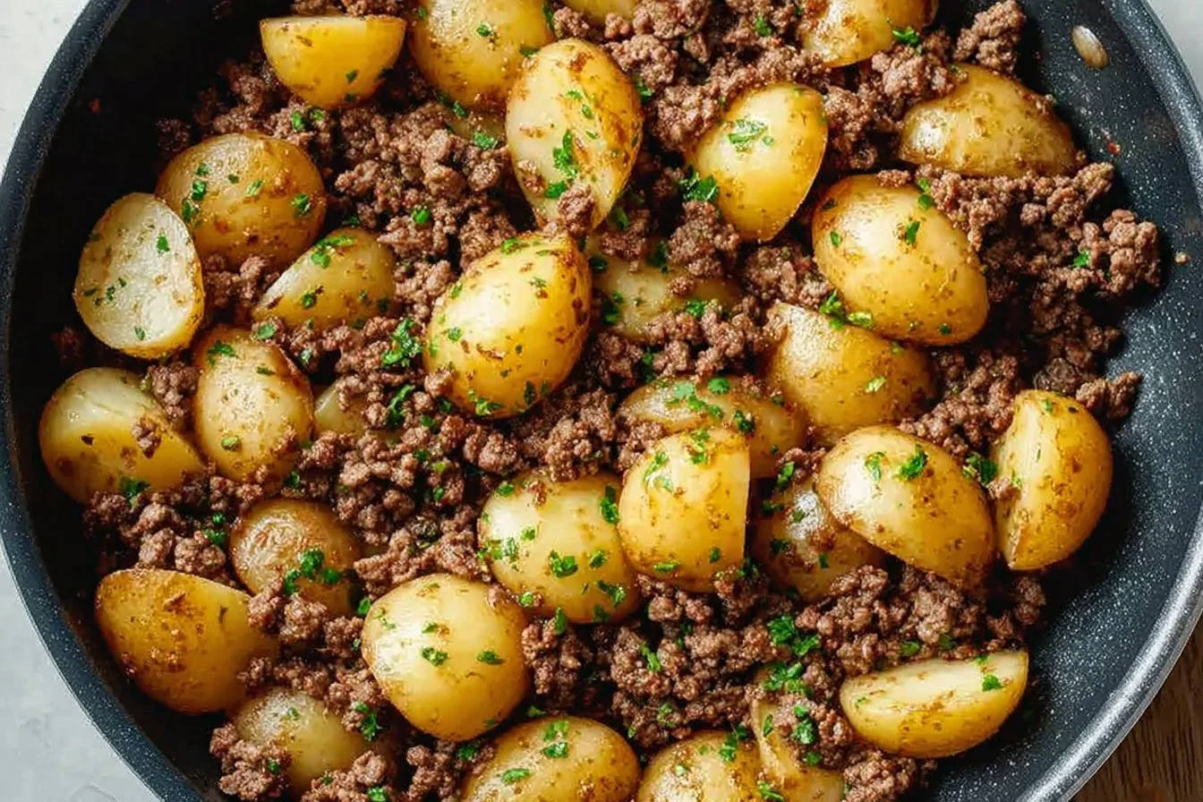 Ground beef and potatoes dish served in a bowl, garnished with herbs