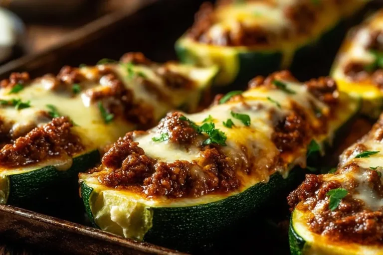 Ground beef stuffed zucchini boats ready to be served