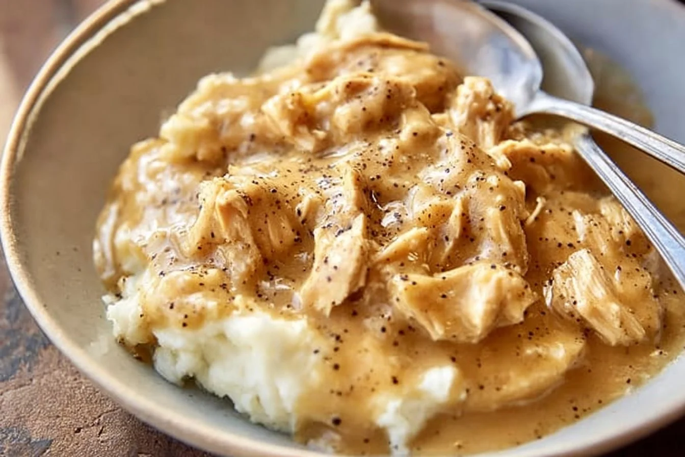 Delicious homestyle chicken and gravy served with a side of mashed potatoes