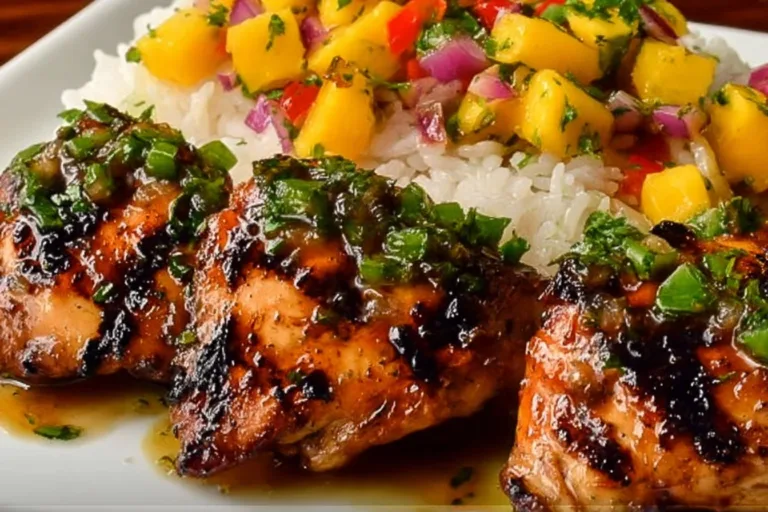 Plate of Honey Lime Chicken served with vibrant Mango Salsa on the side