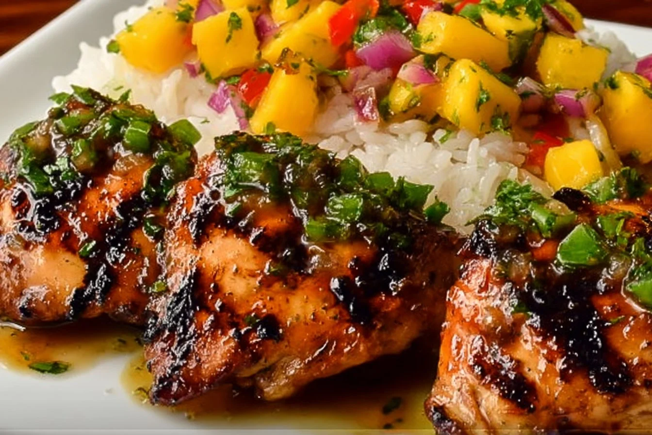 Plate of Honey Lime Chicken served with vibrant Mango Salsa on the side