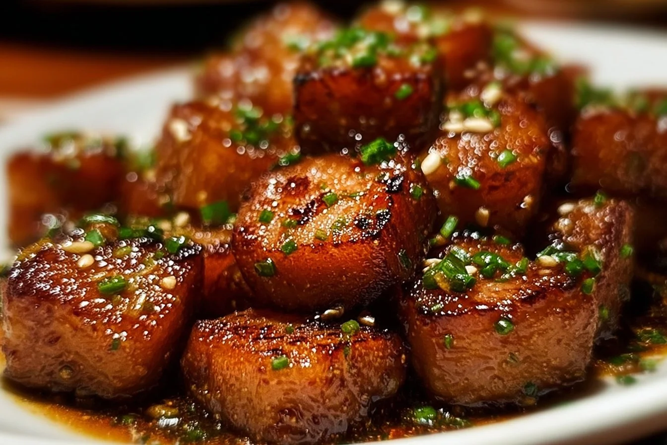 Plate of savory garlic pork bites served as a tasty appetizer