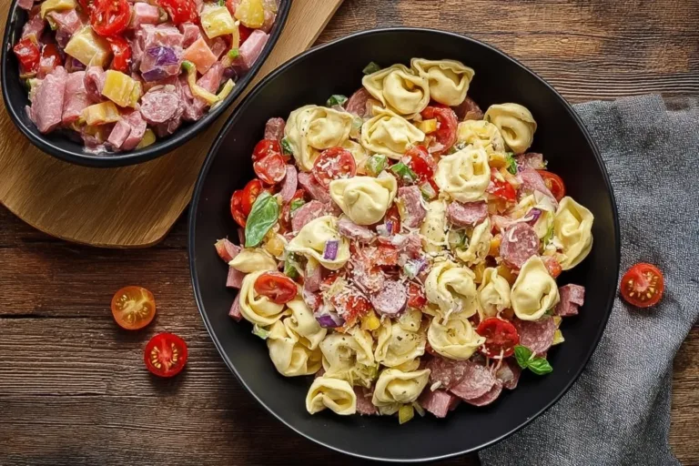 Italian Grinder Tortellini Salad with fresh vegetables and dressing