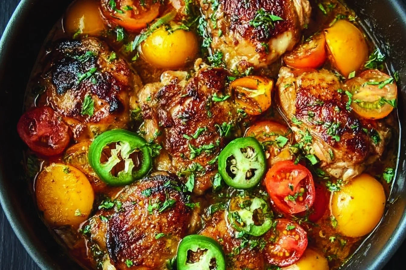 Delicious jalapeno peach chicken dish garnished with fresh herbs.