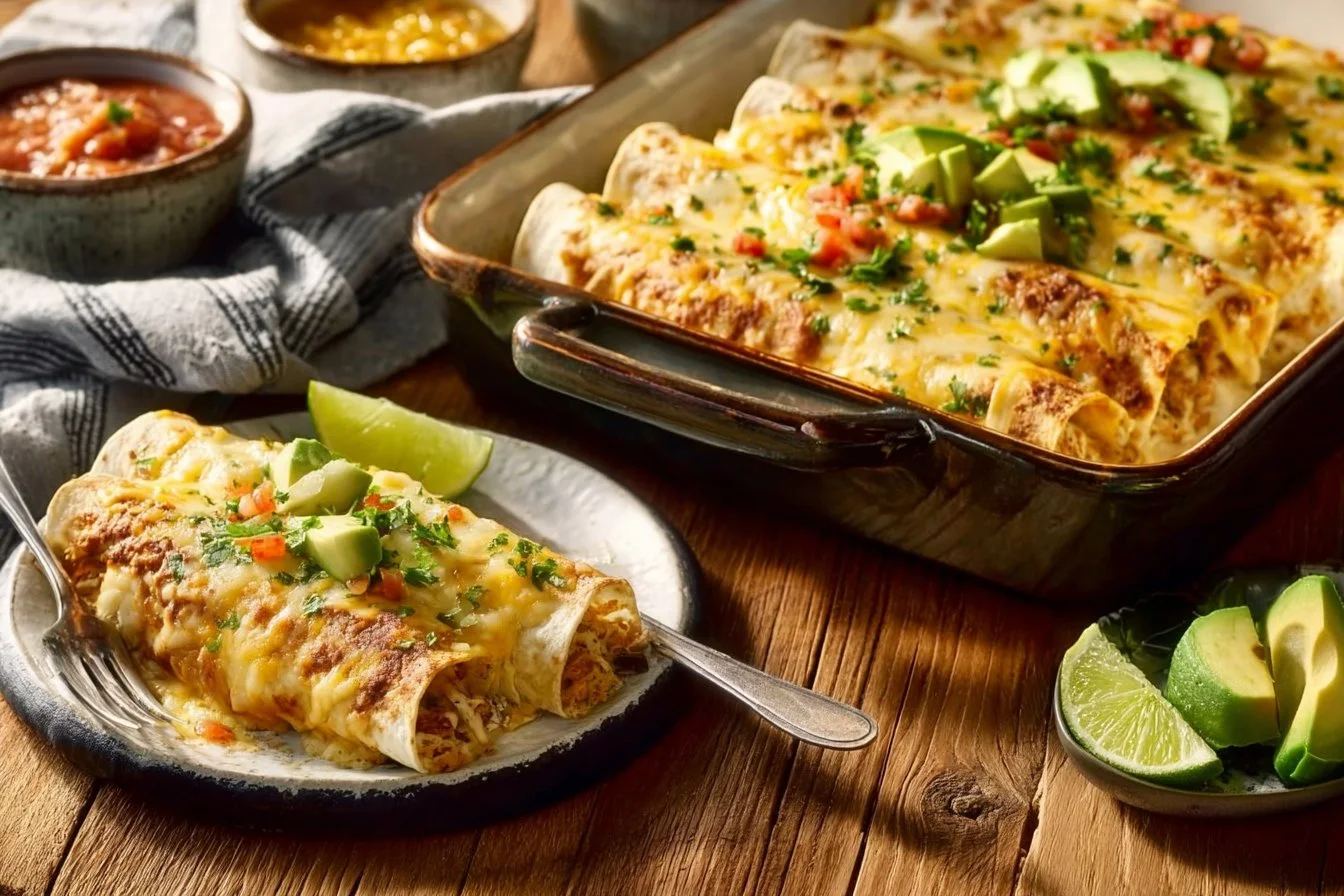 Plate of Joanna Gaines chicken enchiladas topped with cheese and herbs