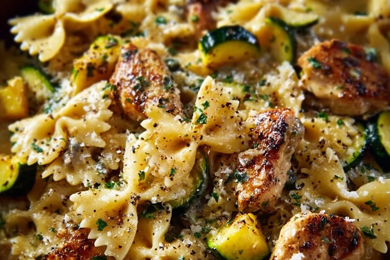 Delicious lemon chicken pasta dish garnished with fresh herbs