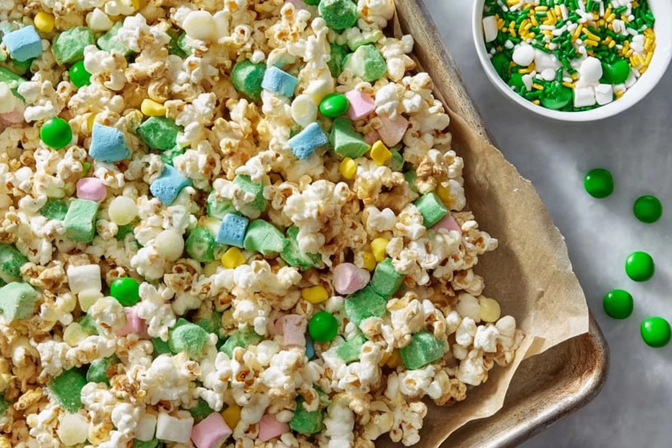 Loaded St. Patrick's Day popcorn with festive green toppings and flavors