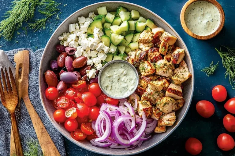 Keto Greek Chicken Bowl with vegetables and feta cheese