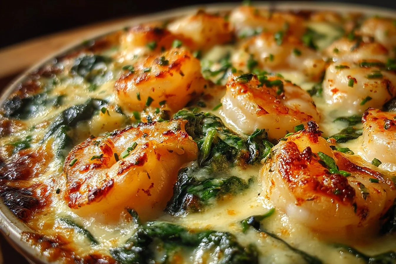 Low-Carb Shrimp Tuscan Bake with creamy sauce and fresh vegetables