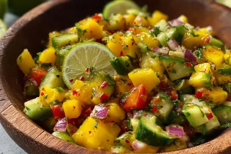 Delicious Mango Avocado Salad garnished with lime and cilantro
