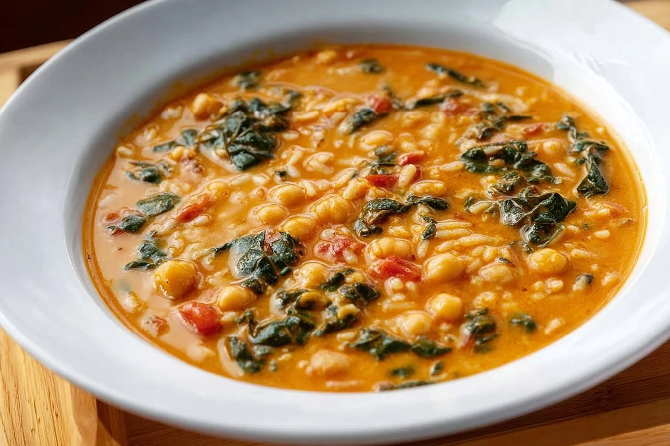 Bowl of Marry Me Chickpea Soup garnished with fresh herbs and spices