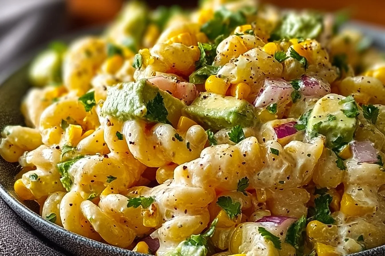 Delicious Mexican street corn pasta salad with vibrant ingredients.