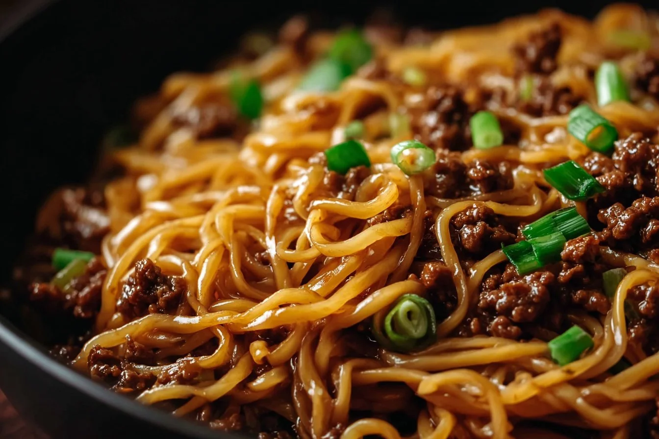 Mongolian Ground Beef Noodles served with vegetables and herbs.
