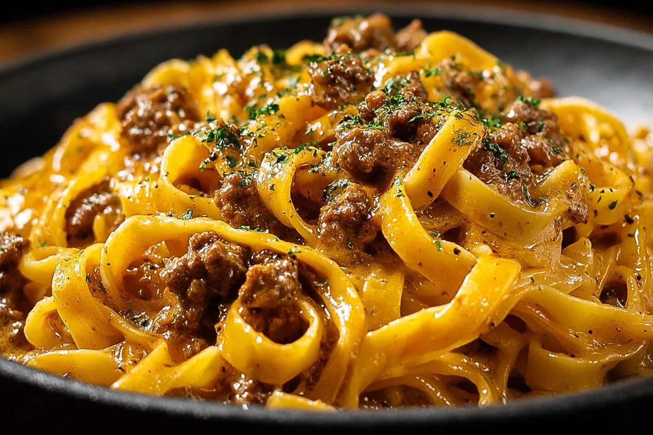 One-Pot Creamy Beef and Garlic Butter Pasta dish garnished with herbs.