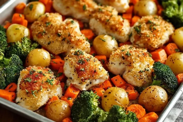 Sheet pan dinner featuring Parmesan crusted chicken with vegetables.